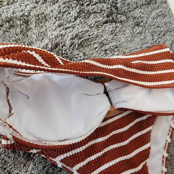 Size S Women's 2 Piece Strapless Swimsuit Striped Bandeau High Waisted Thong - Picture 9 of 9